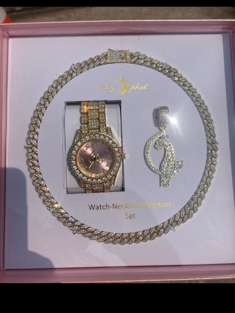 Baby Phat Crystal  Gold-Tone Watch & Embelissed Necklace Set with Pink Dial